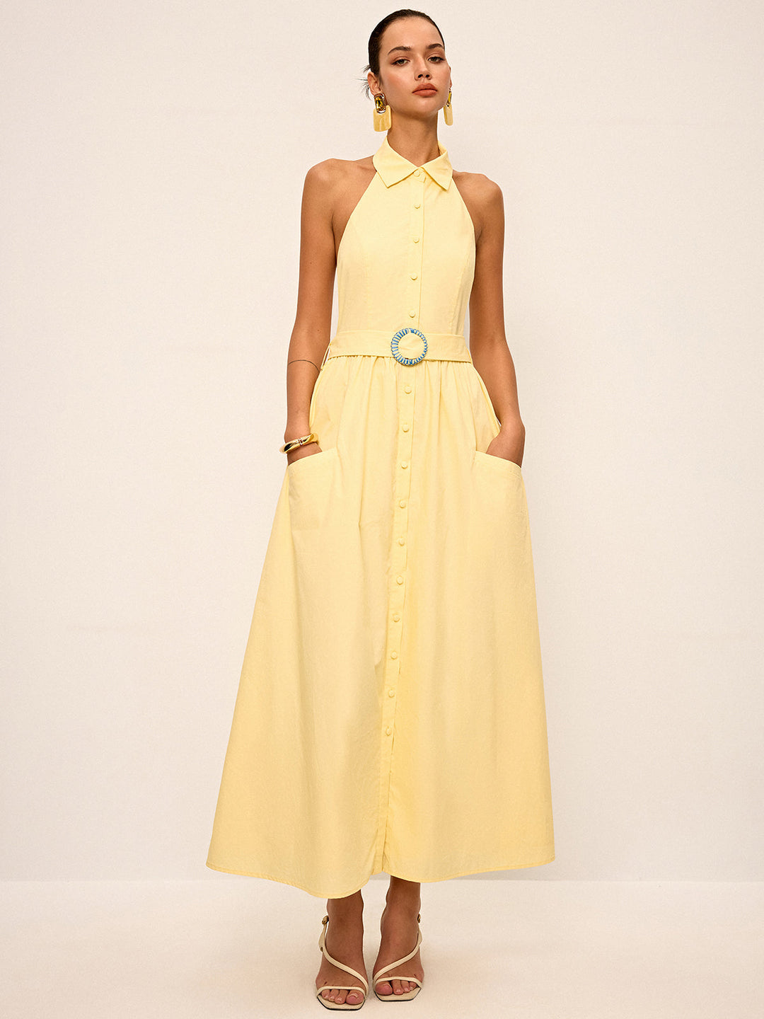 Robe Chemise Sans Manches à Col Polo avec Ceinture
