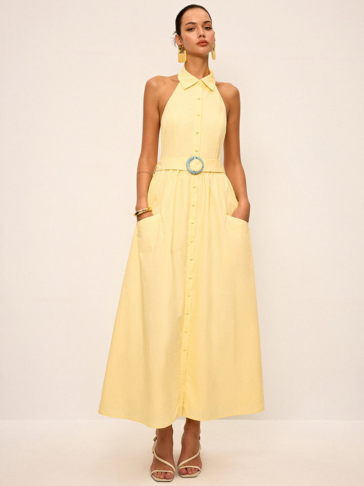 Robe Chemise Sans Manches à Col Polo avec Ceinture