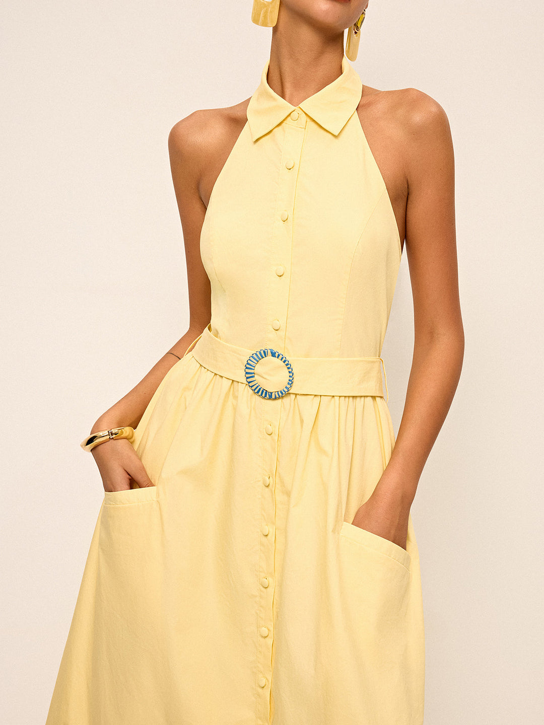 Robe Chemise Sans Manches à Col Polo avec Ceinture