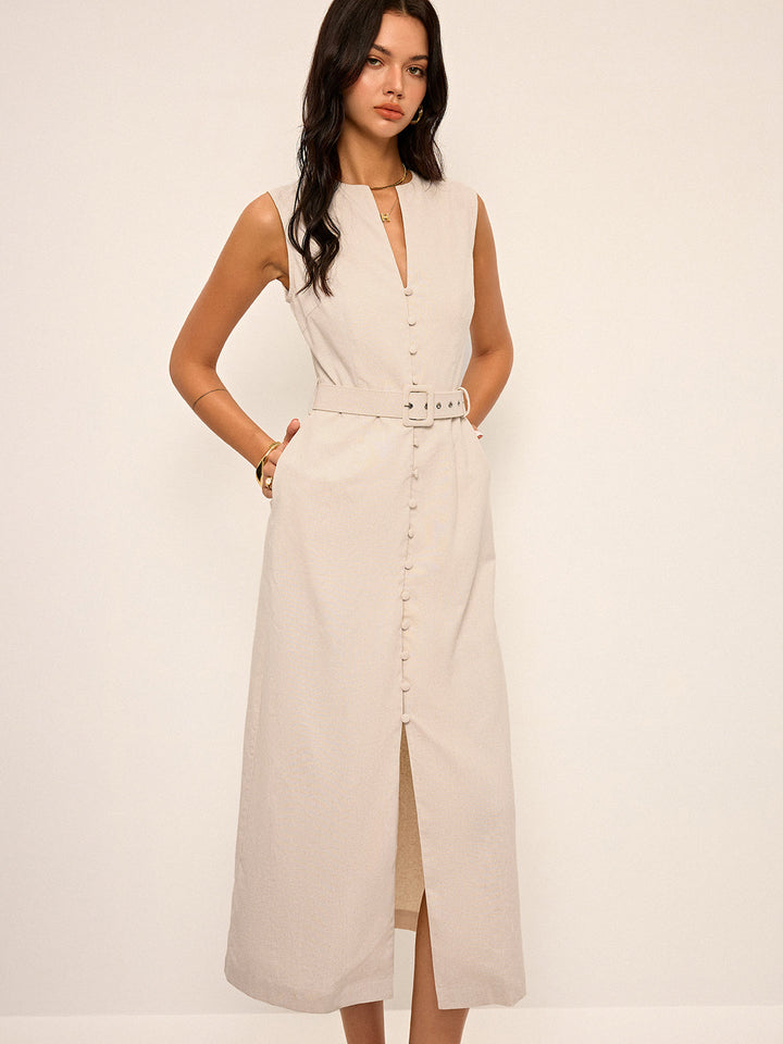 Robe Mi-longue Ceinturée à Col en V en Mélange Coton et Lin