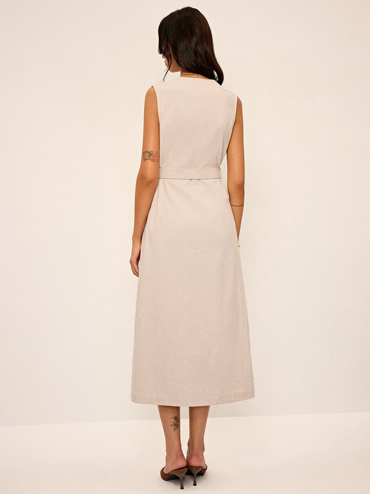 Robe Mi-longue Ceinturée à Col en V en Mélange Coton et Lin