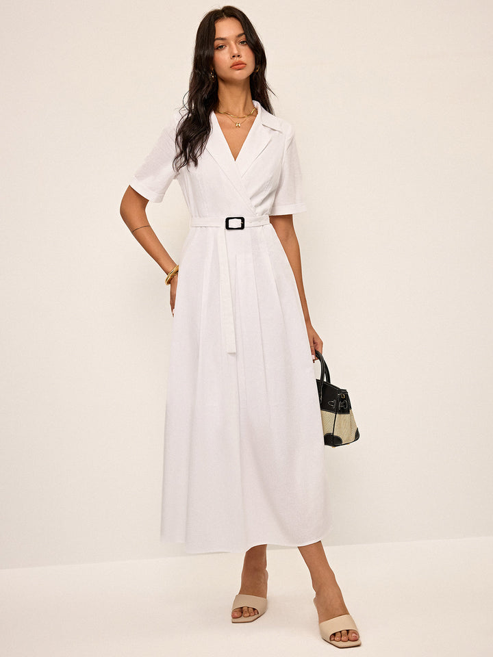 Robe chemise plissée à ceinture en lin et mélange