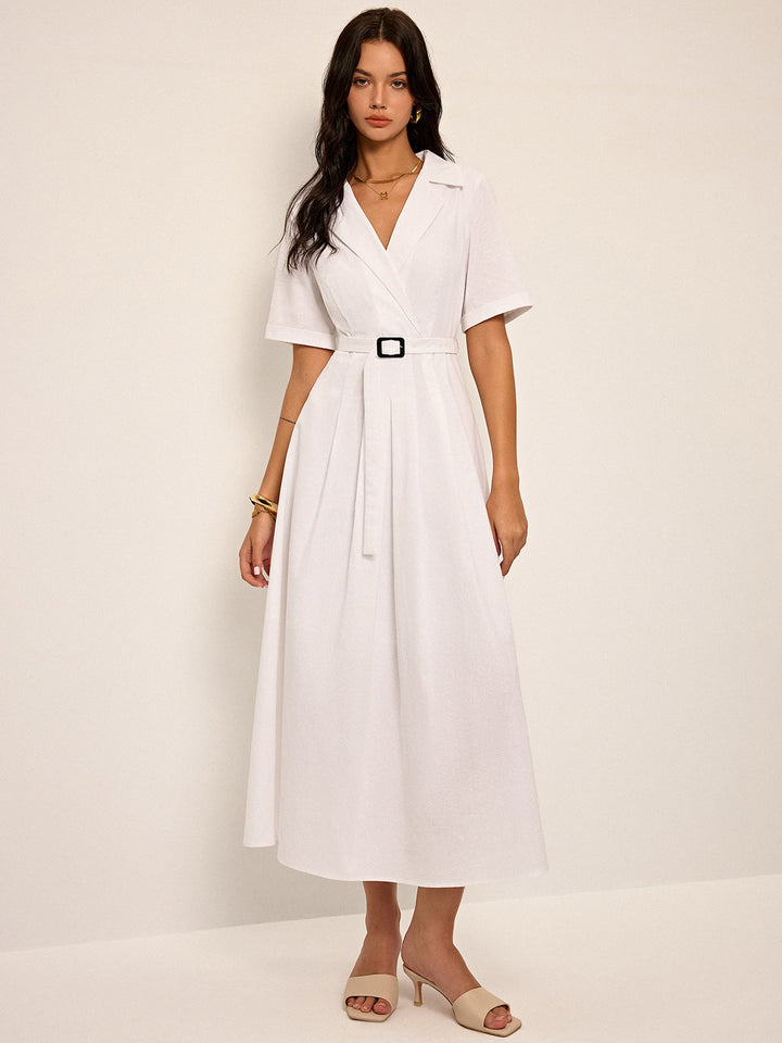 Robe chemise plissée à ceinture en lin et mélange