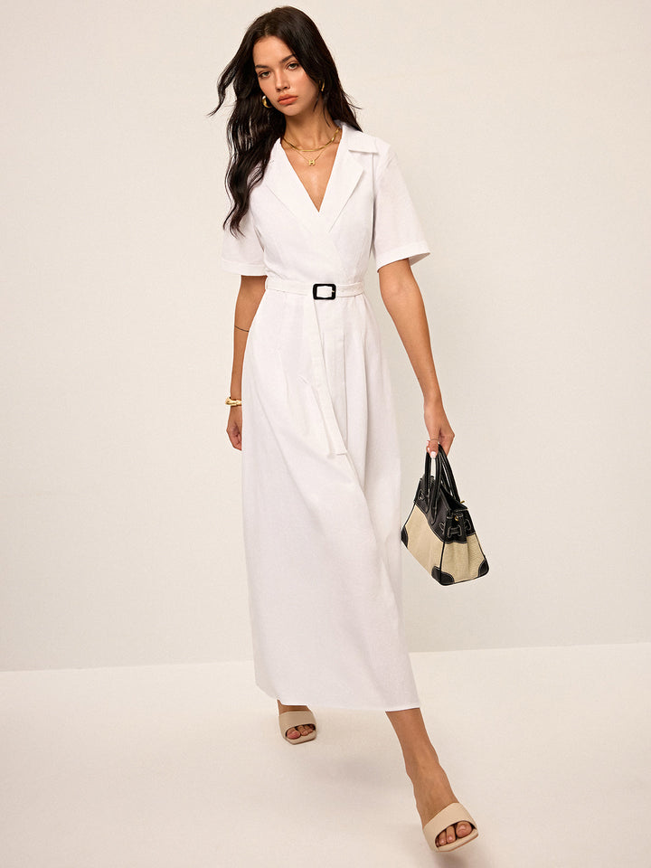 Robe chemise plissée à ceinture en lin et mélange