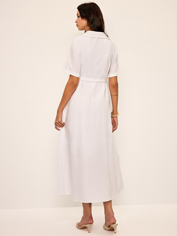 Robe chemise plissée à ceinture en lin et mélange
