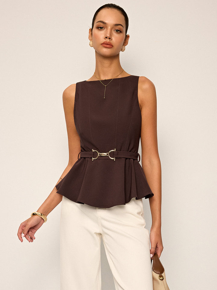 Top péplum sans manches avec ceinture à boucle métallique