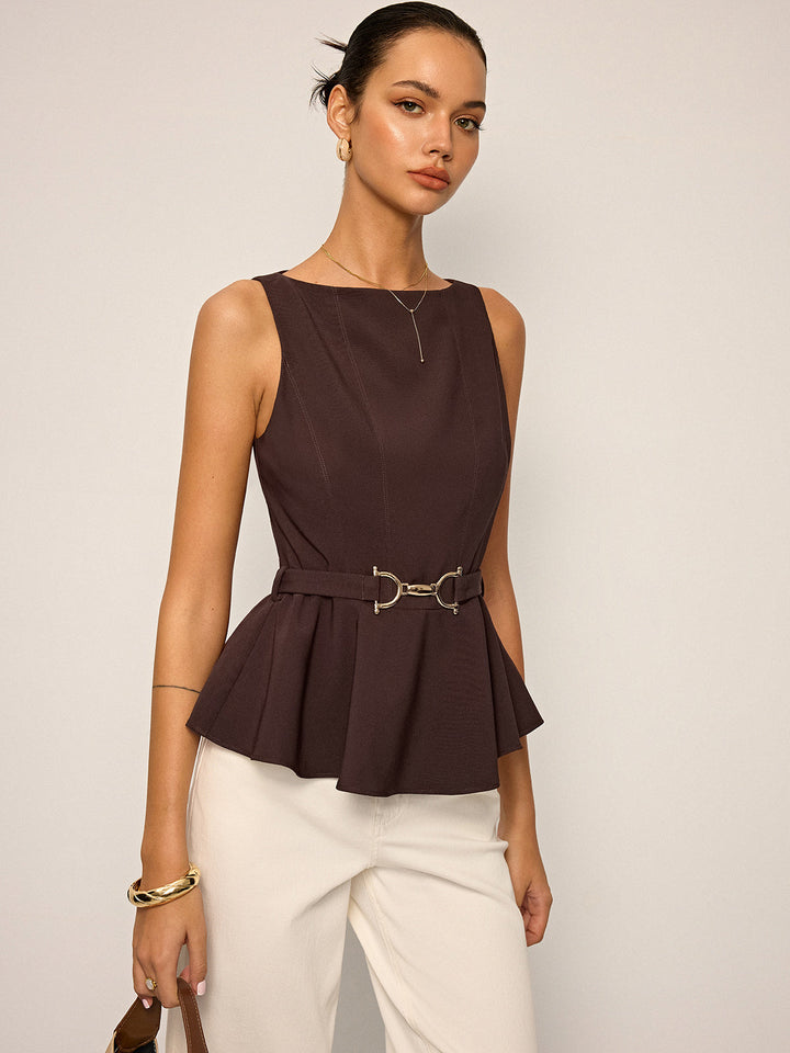 Top péplum sans manches avec ceinture à boucle métallique