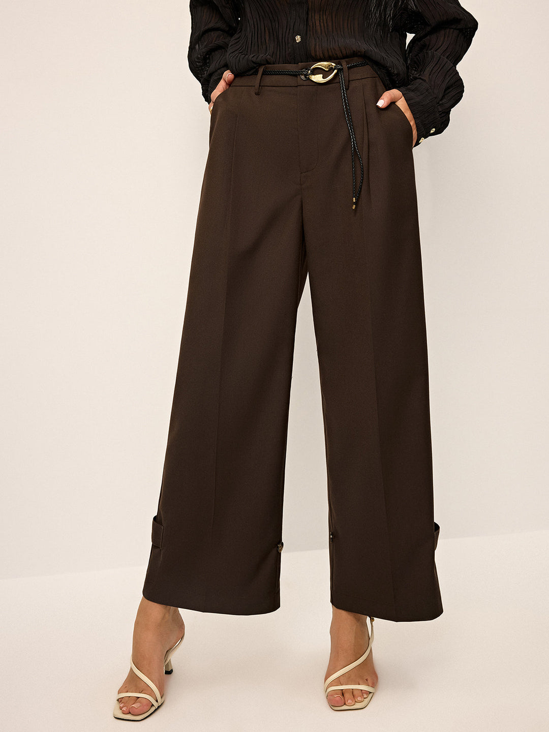 Pantalons Amples Plissés avec Détail Bouton à la Cheville