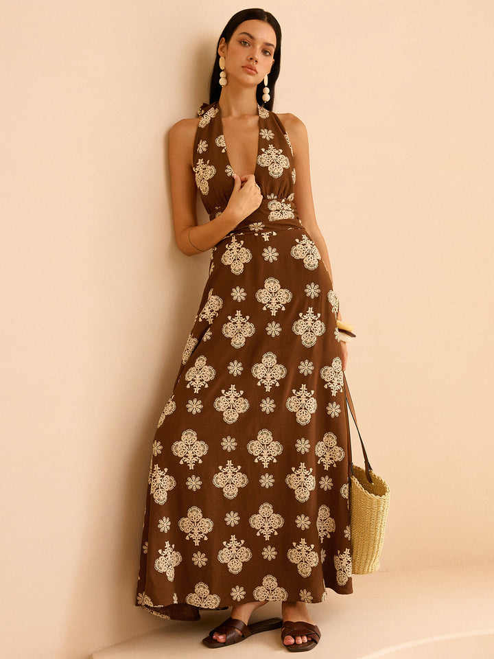 Robe Longue à Imprimé Floral avec Col Dos-nu et Poches