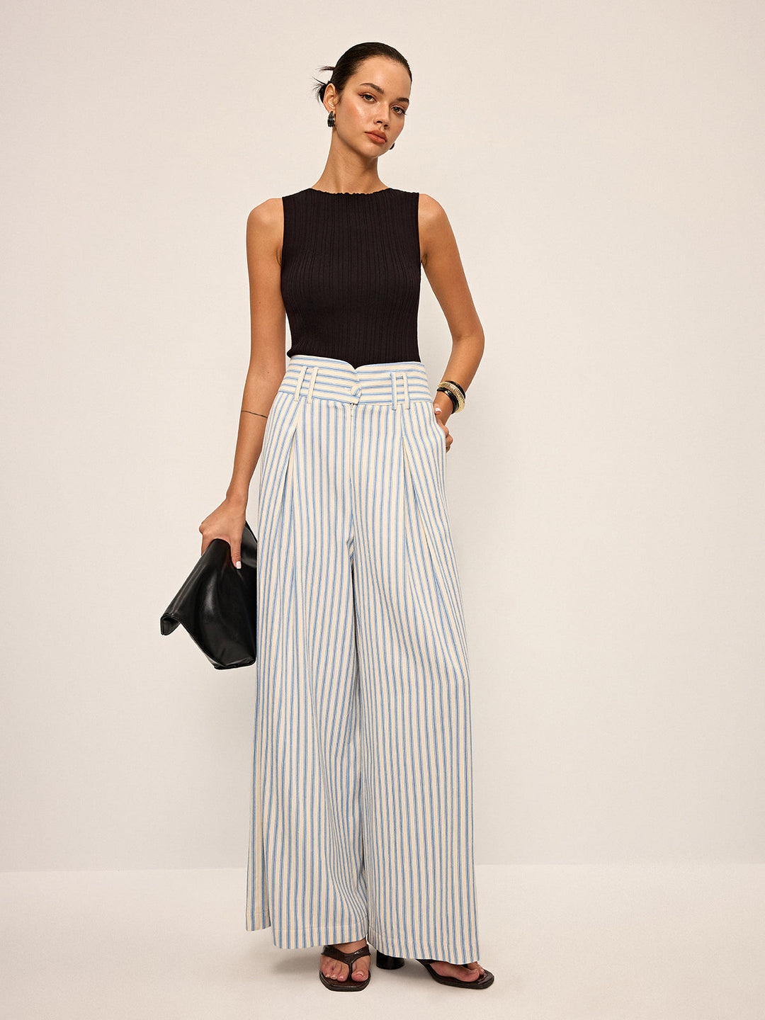 Pantalon Large Plissé Rayé en Coton