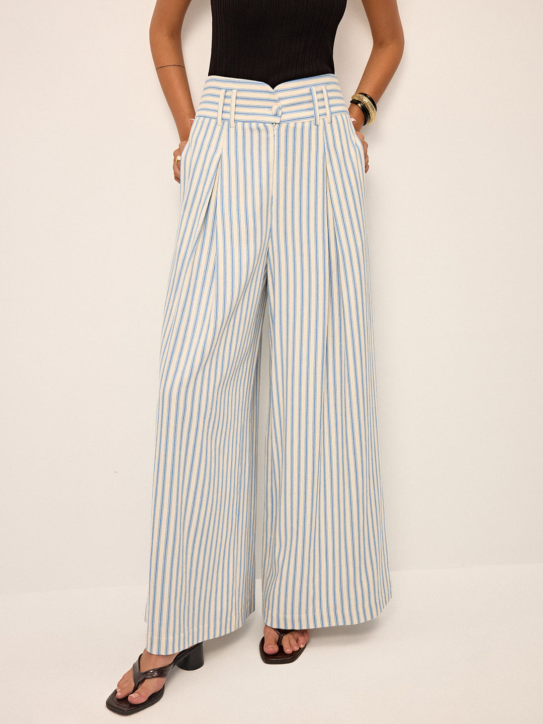 Pantalon Large Plissé Rayé en Coton