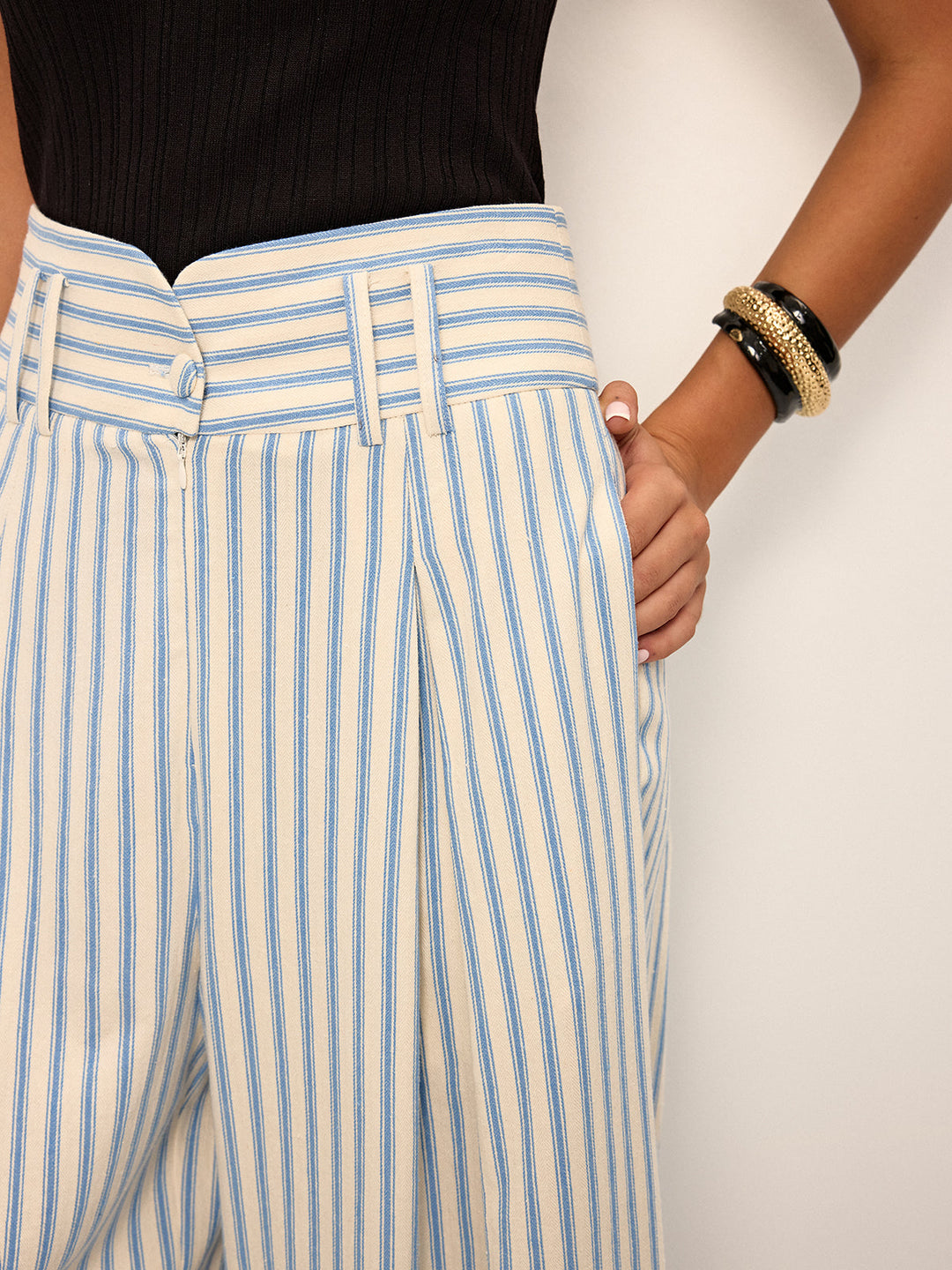 Pantalon Large Plissé Rayé en Coton