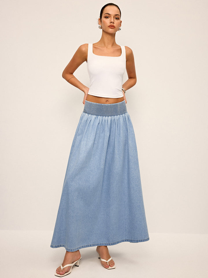 Jupe Maxi Taille Smockée en Denim