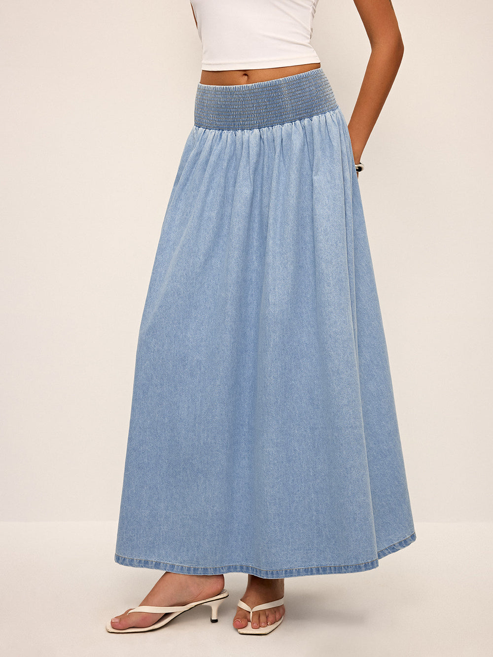 Jupe Maxi Taille Smockée en Denim