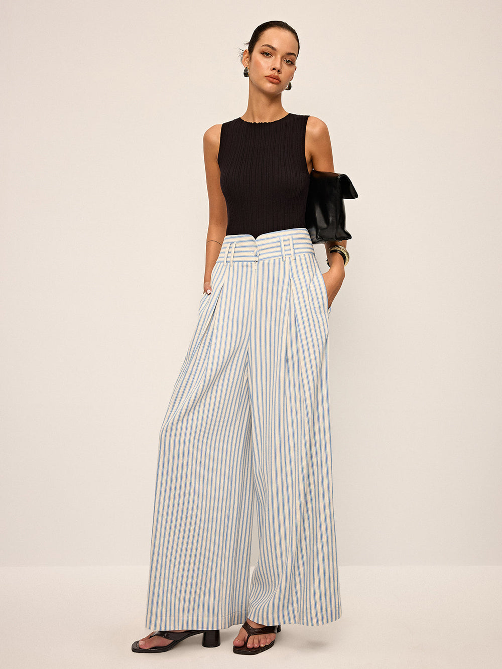 Pantalon Large Plissé Rayé en Coton