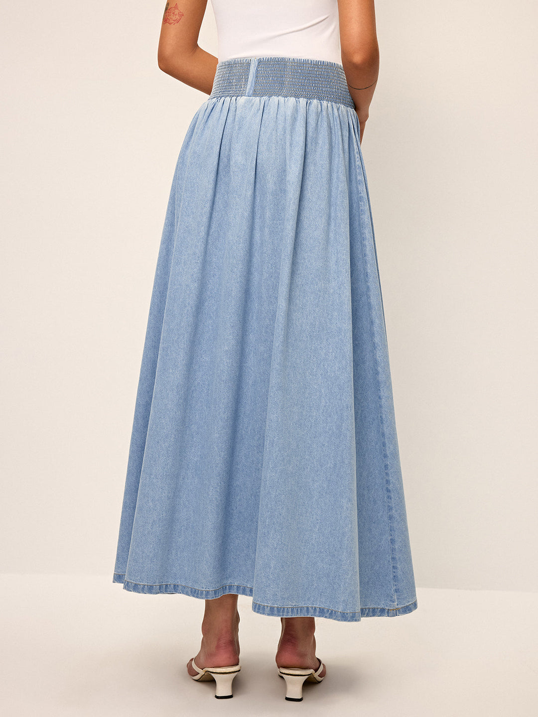 Jupe Maxi Taille Smockée en Denim