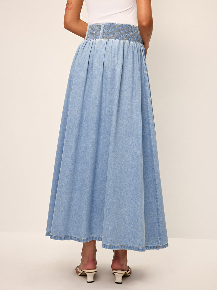 Jupe Maxi Taille Smockée en Denim