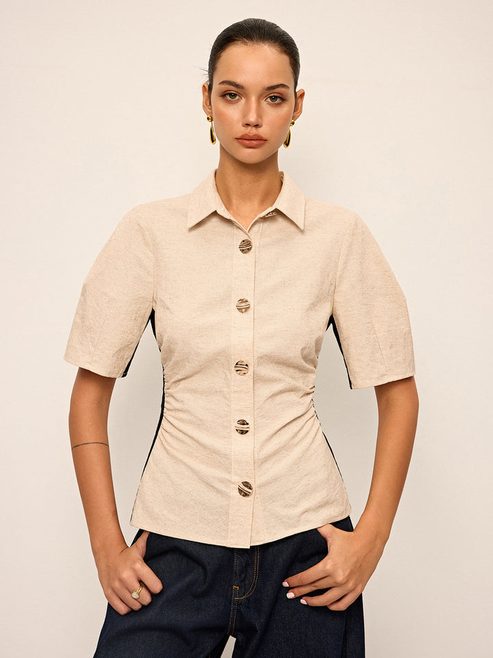 Chemise à Ruchés Contrastée en Coton et Lin