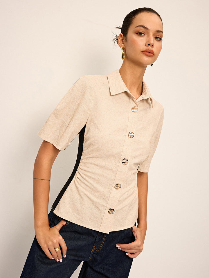 Chemise à Ruchés Contrastée en Coton et Lin