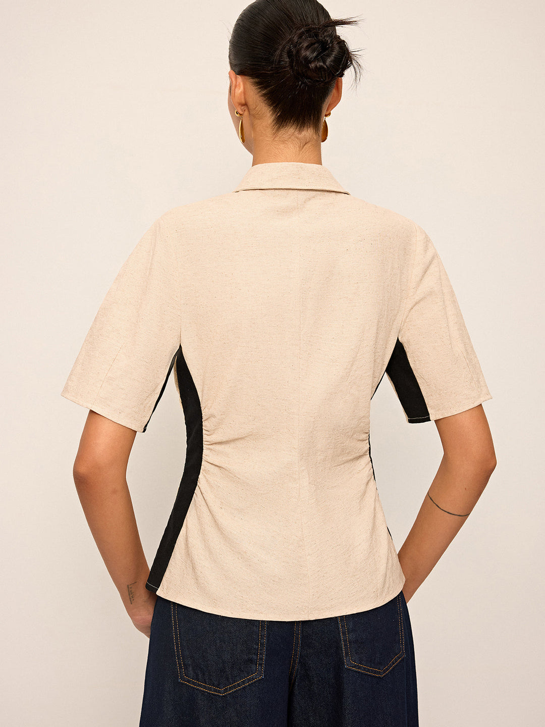 Chemise à Ruchés Contrastée en Coton et Lin