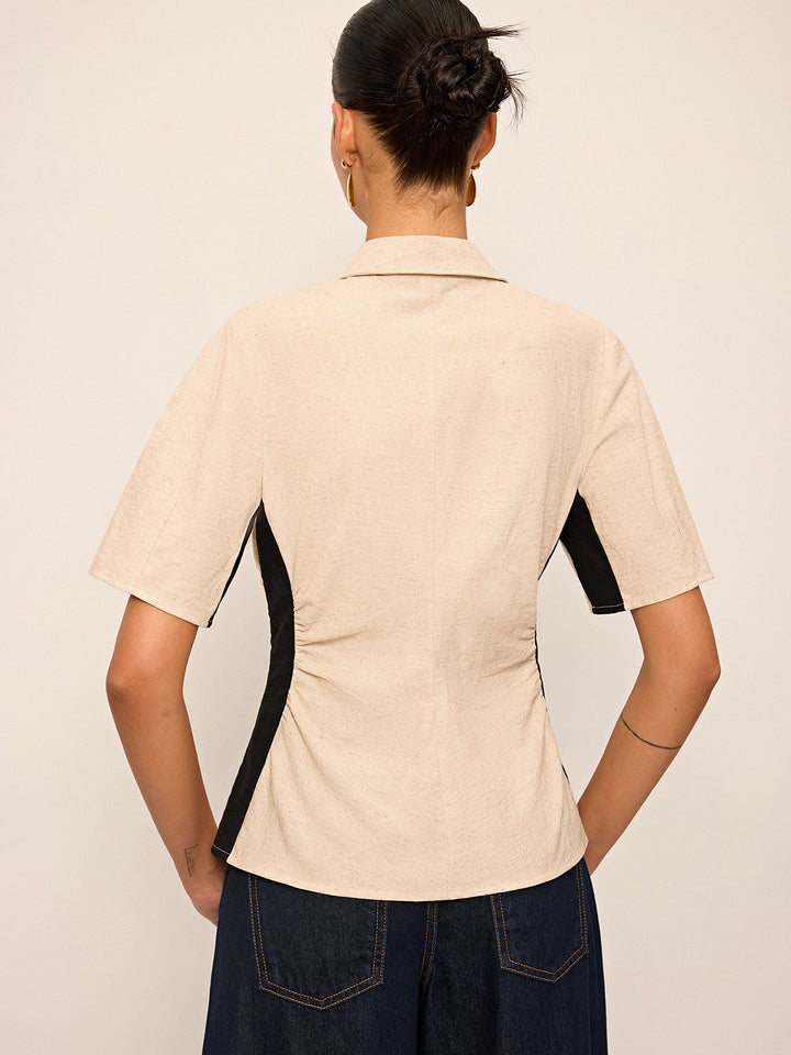 Chemise à Ruchés Contrastée en Coton et Lin