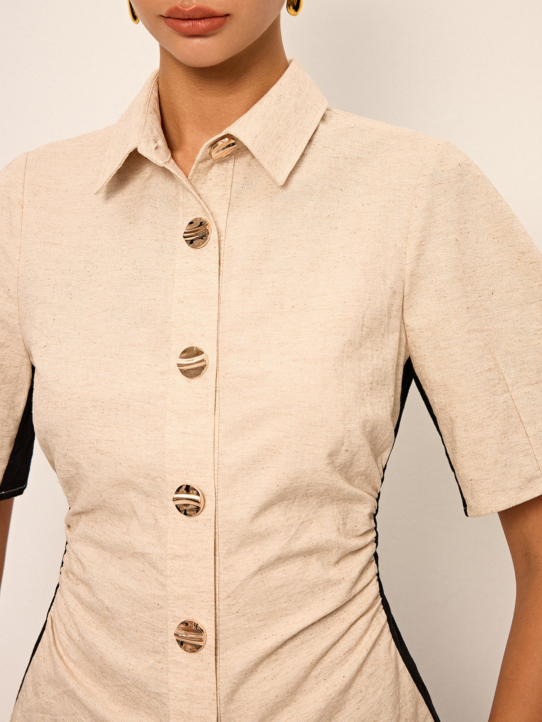 Chemise à Ruchés Contrastée en Coton et Lin