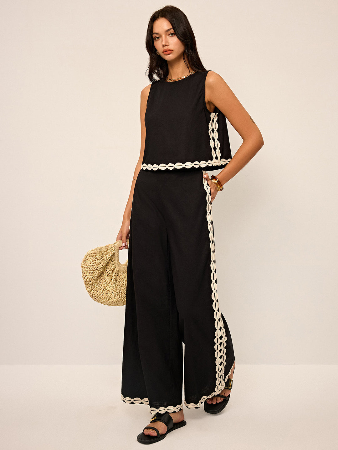 Ensemble Pantalon Coton & Lin à Finition Contrastée