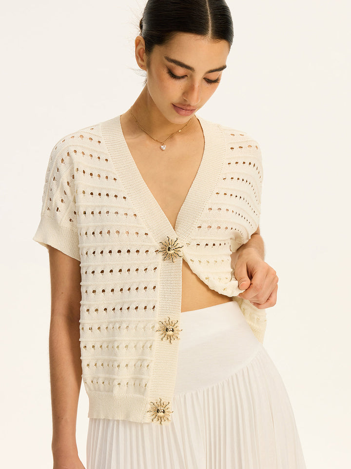 Cardigan à col en V en tricot œillet avec bouton en métal