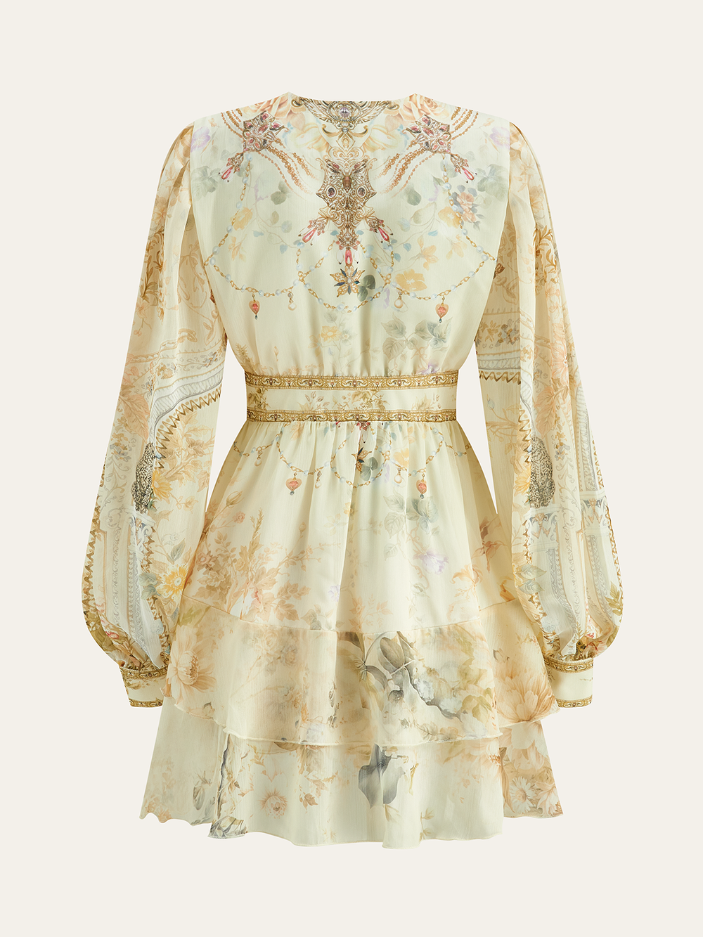 Robe Mini Évasée Florale Semi-Transparente en Mousseline avec Volants