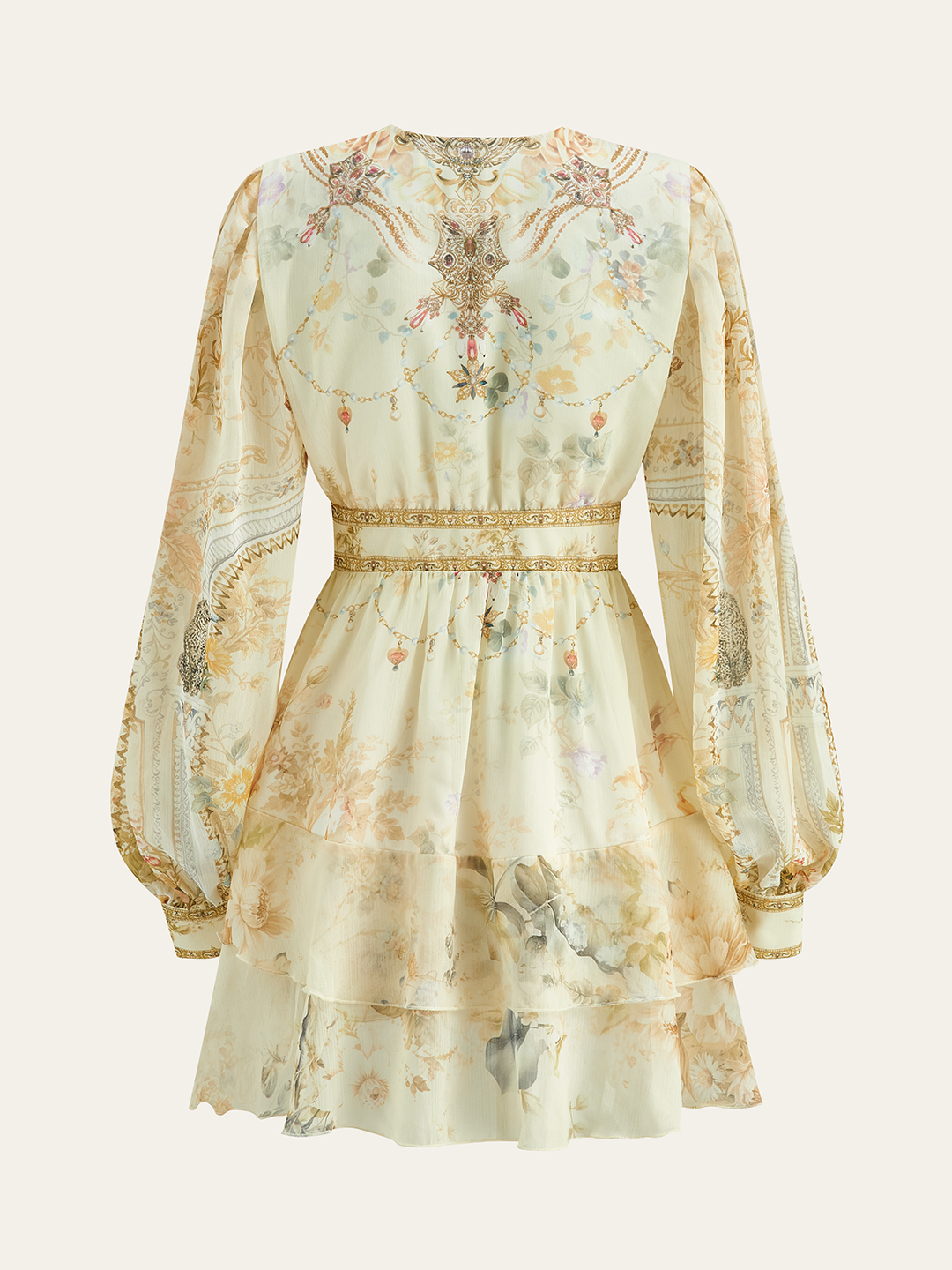 Robe Mini Évasée Florale Semi-Transparente en Mousseline avec Volants