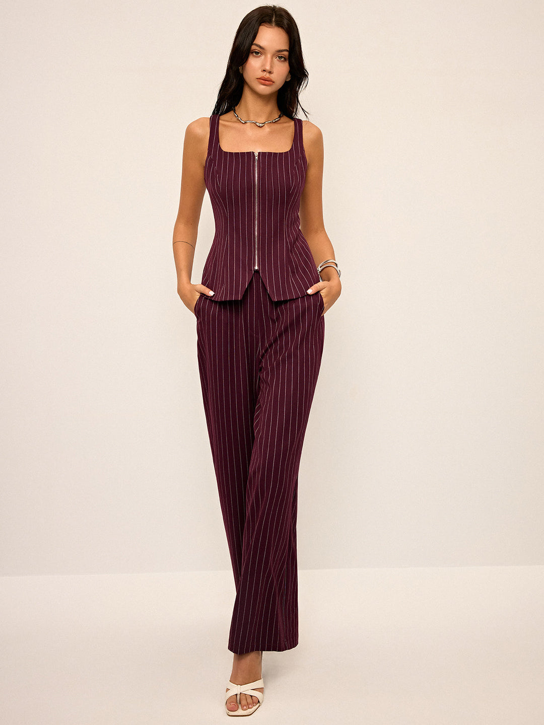 Pantalons Droits Taille Haute Pinstripe