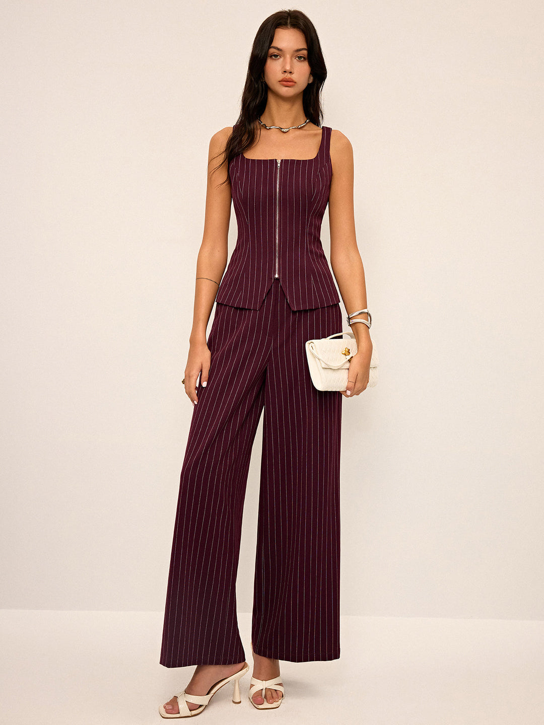 Pantalons Droits Taille Haute Pinstripe
