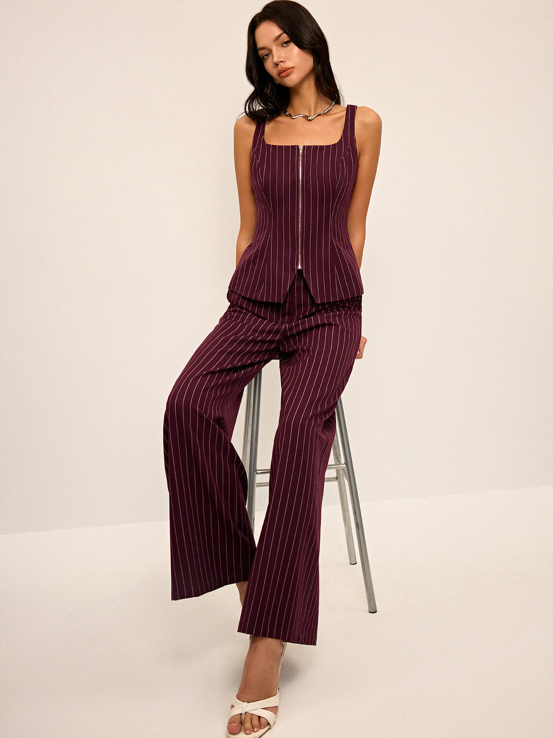 Pantalons Droits Taille Haute Pinstripe