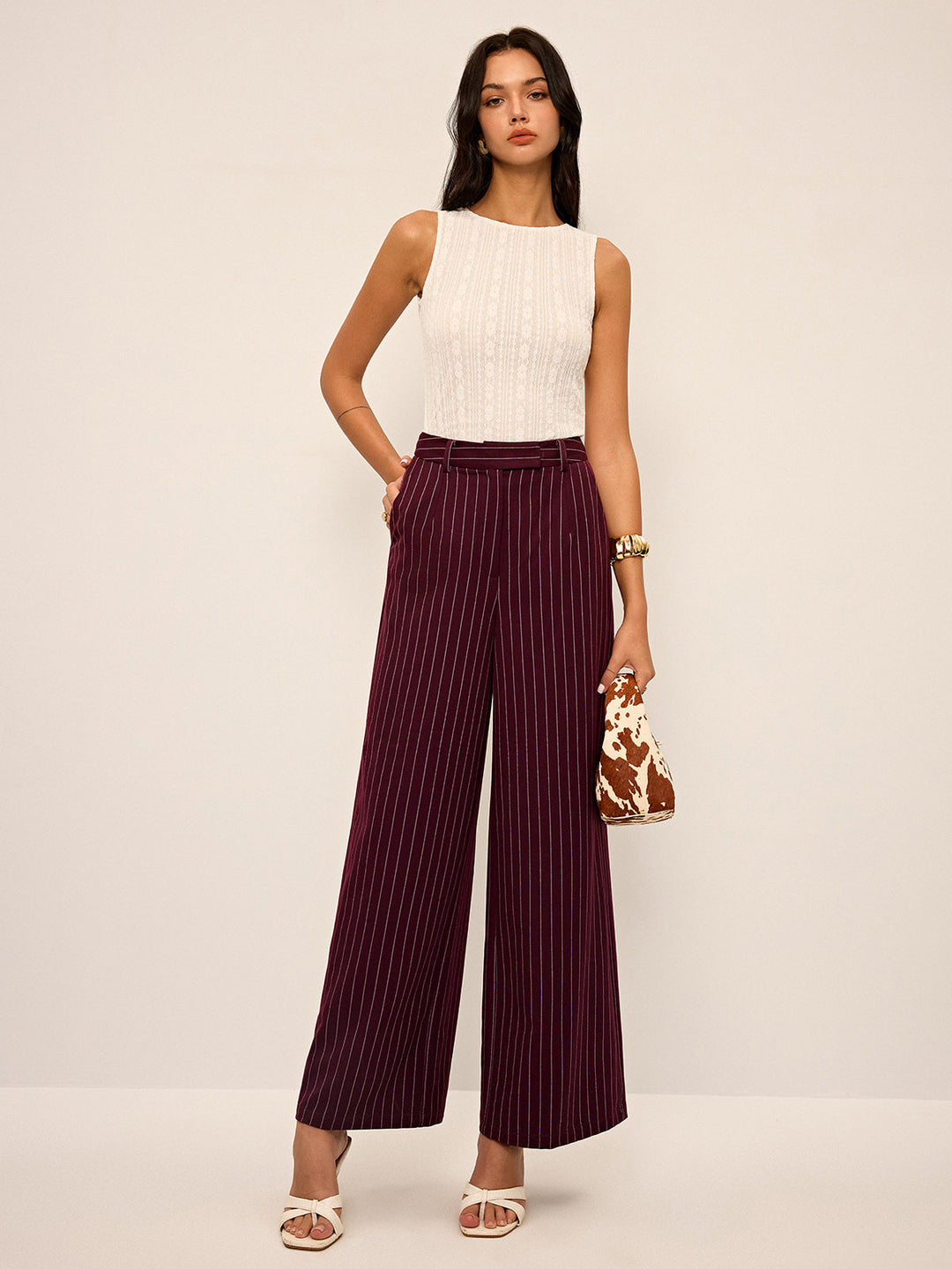 Pantalons Droits Taille Haute Pinstripe