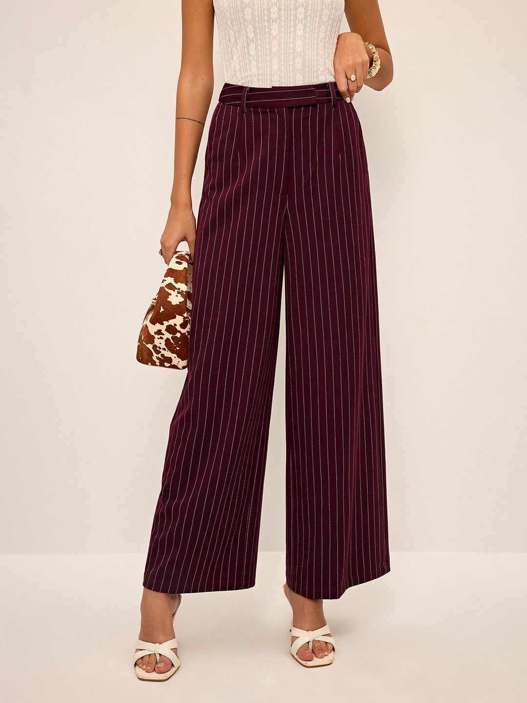 Pantalons Droits Taille Haute Pinstripe