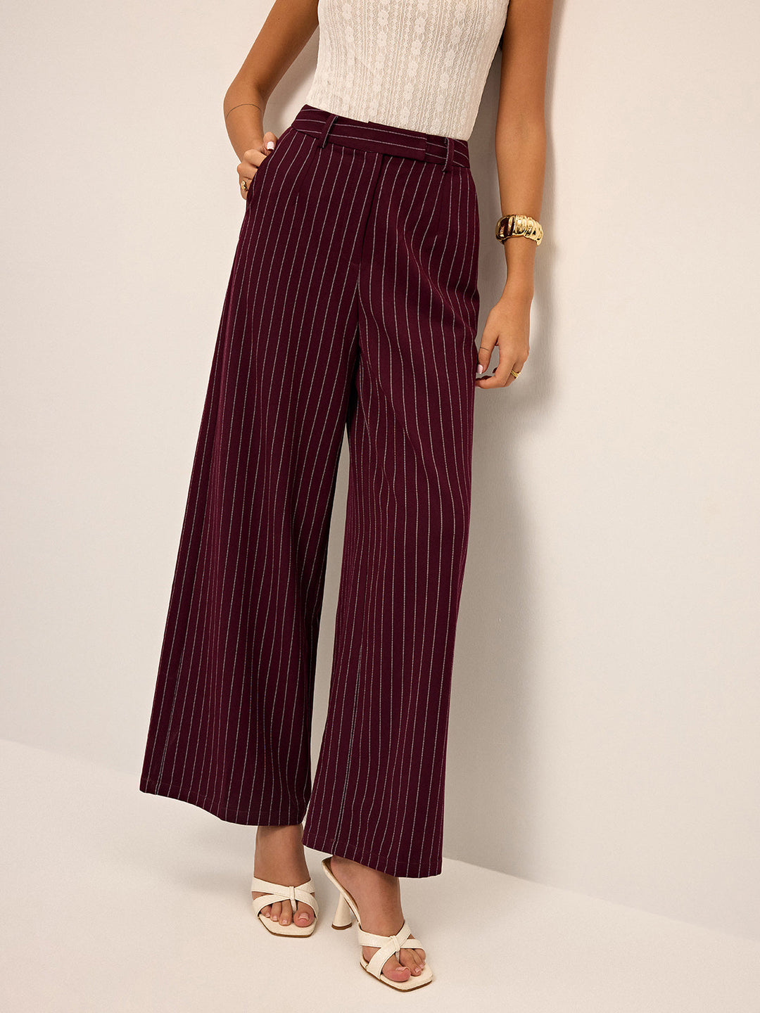 Pantalons Droits Taille Haute Pinstripe