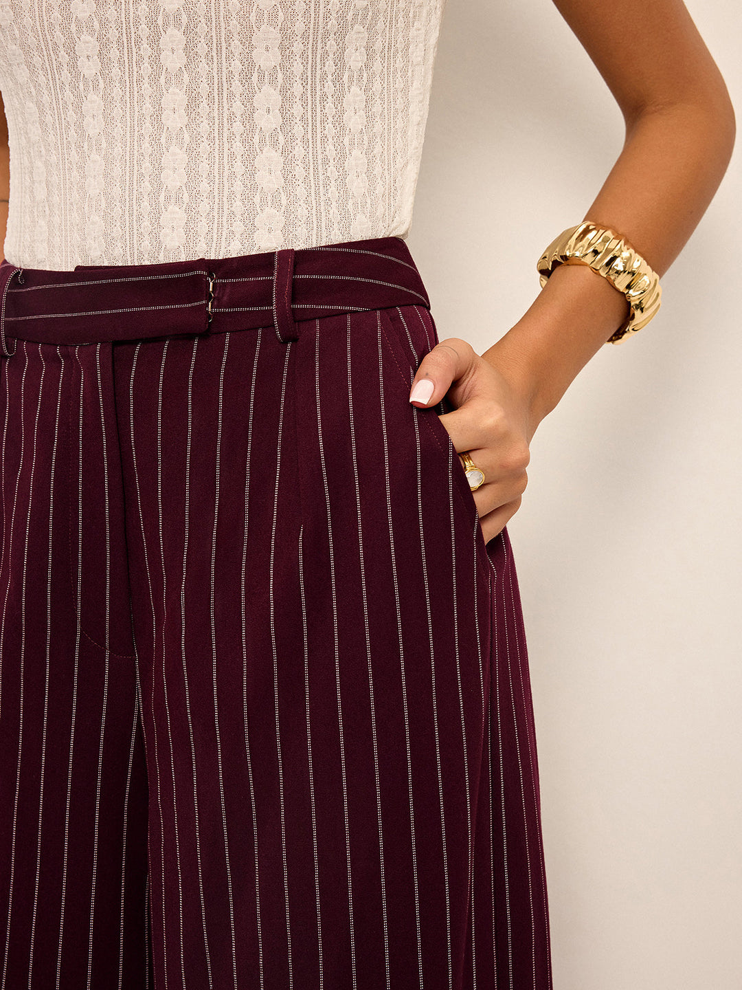 Pantalons Droits Taille Haute Pinstripe