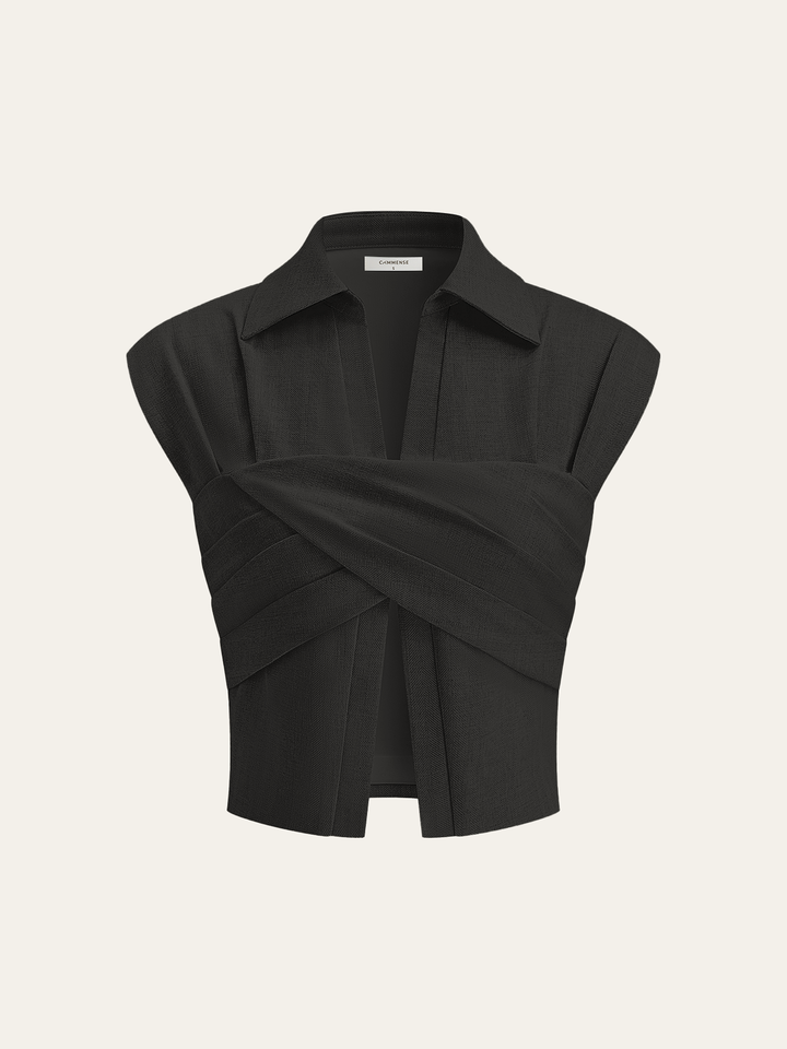 Blouse Courte en Mélange de Lin avec Détail Croisé