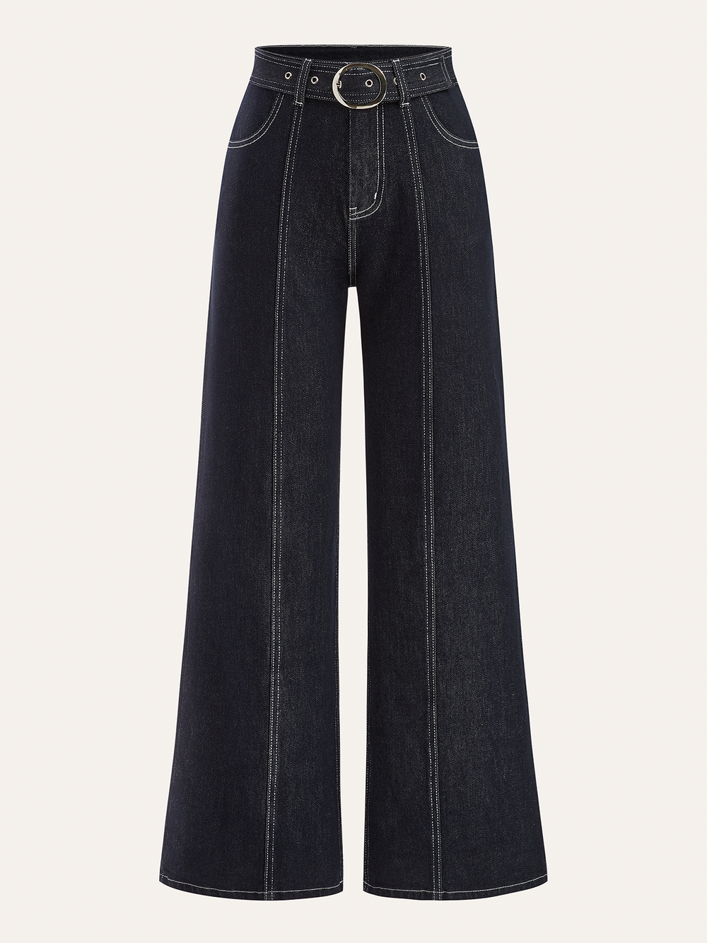 Pantalon en jean avec surpiqûres contrastées et ceinture