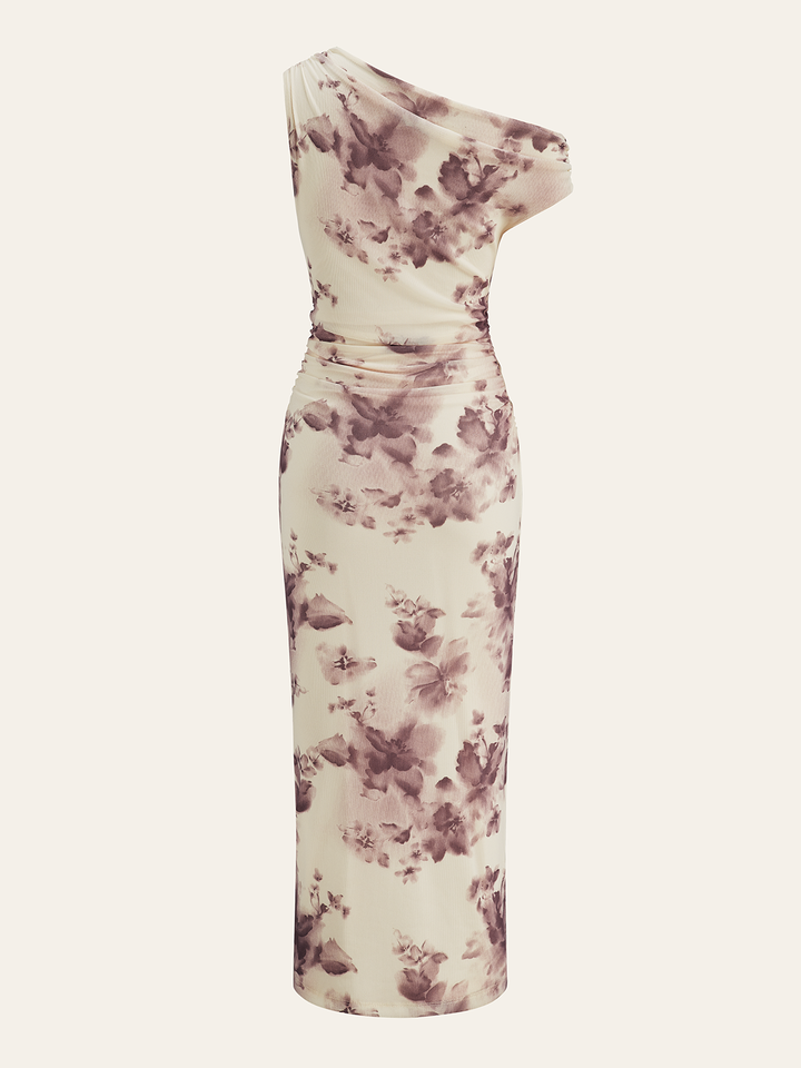 Robe Mi-longue Fleurie à Volants et Effet Satiné