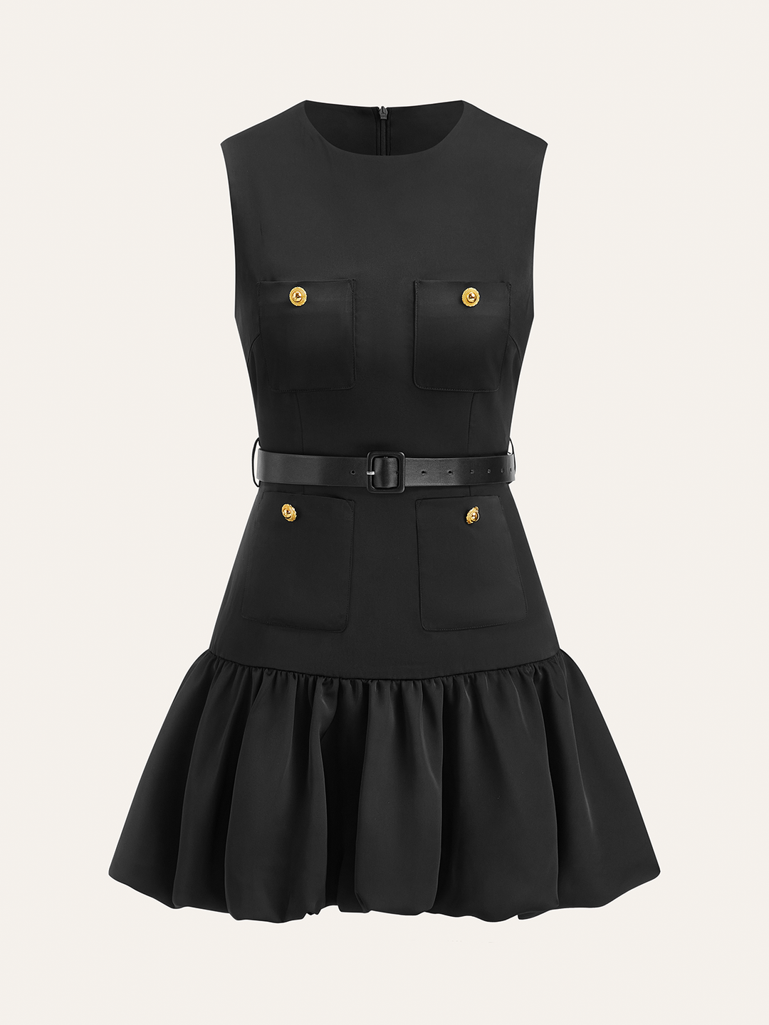 Robe Courte à Boutons Métalliques et Ourlet Volanté sans Ceinture