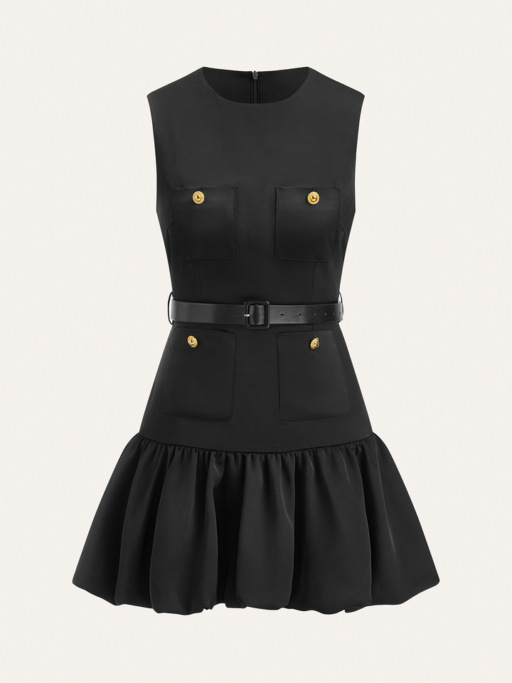 Robe Courte à Boutons Métalliques et Ourlet Volanté sans Ceinture
