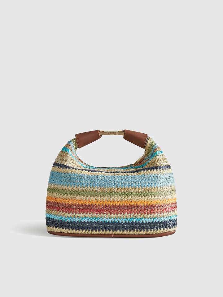 Sac à main seau rayé coloré avec bandoulière en cuir