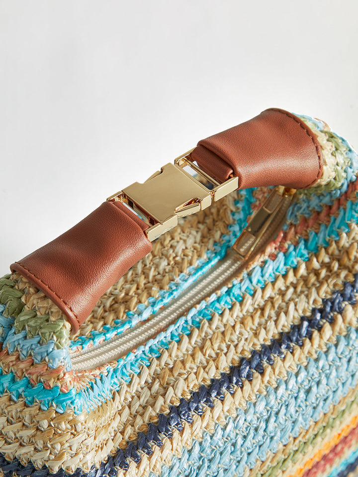 Sac à main seau rayé coloré avec bandoulière en cuir