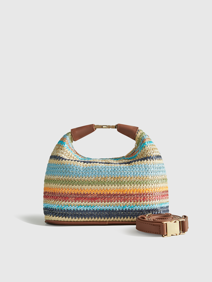 Sac à main seau rayé coloré avec bandoulière en cuir