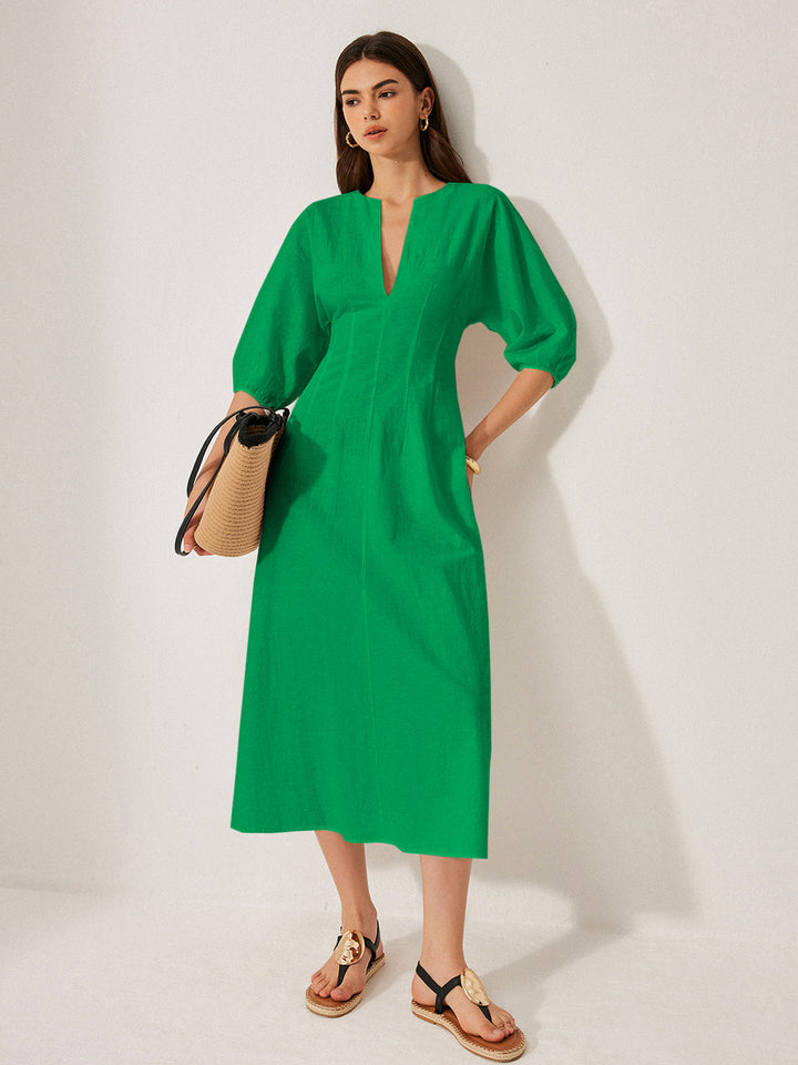 Robe Manches Bouffantes Coton & Lin Sans Ceinture