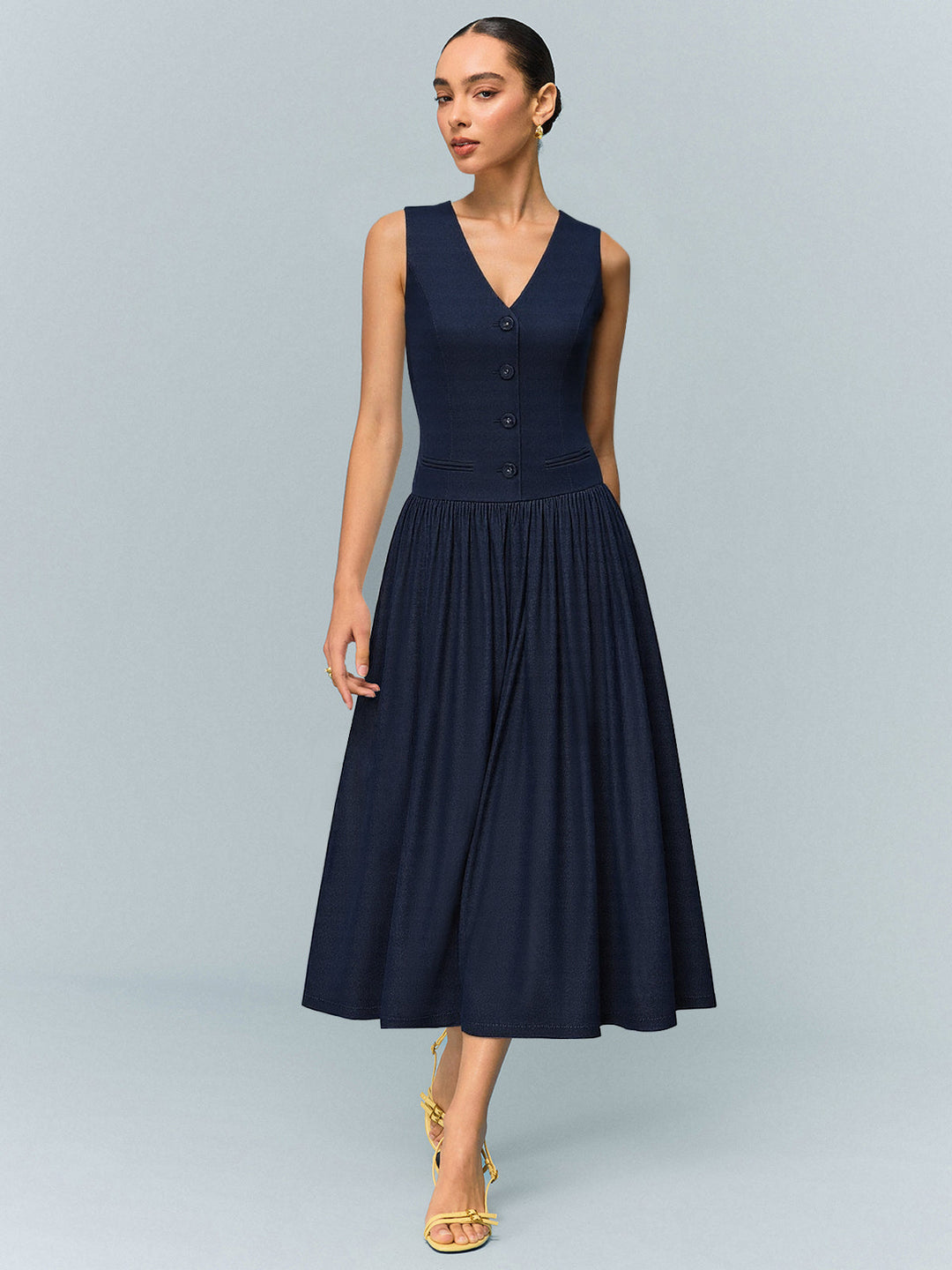 Robe mi-longue en jean à ruchés et col en V