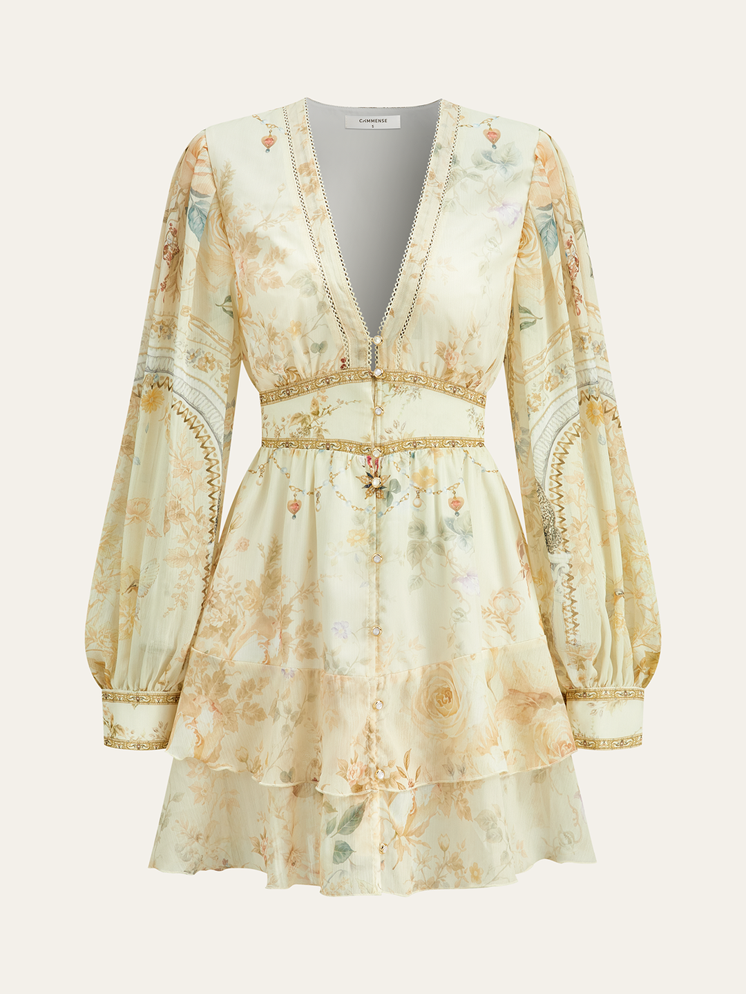 Robe Mini Évasée Florale Semi-Transparente en Mousseline avec Volants