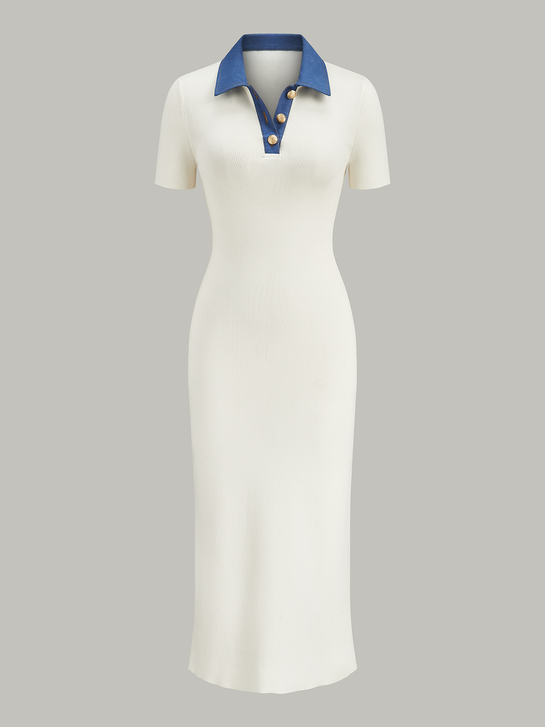 Robe Mi-longue Boutonnée en Polo avec Col en Denim