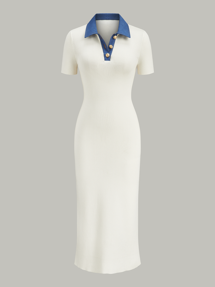 Robe Mi-longue Boutonnée en Polo avec Col en Denim